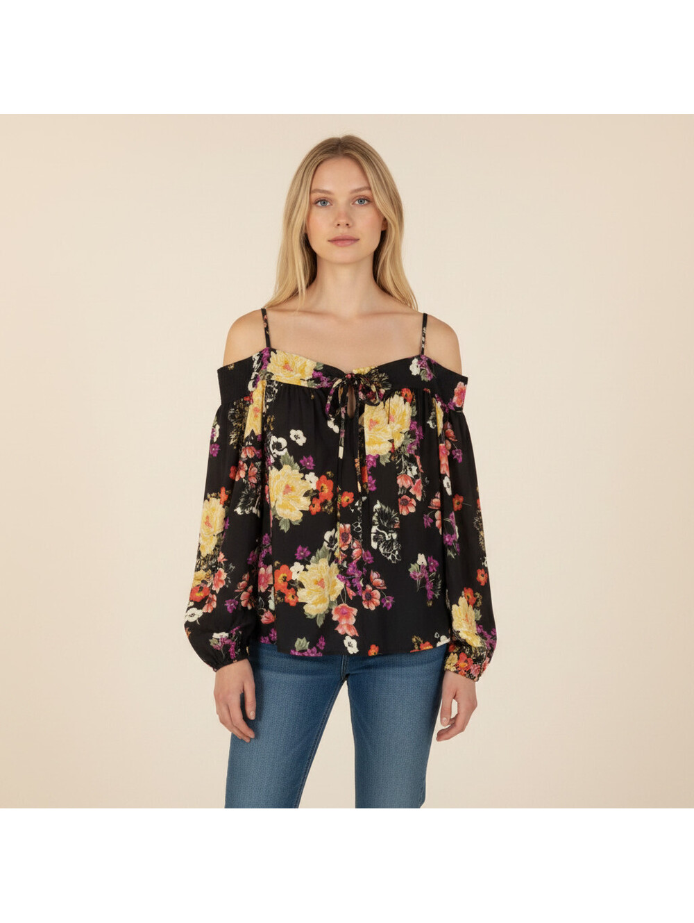 Staccato Blouse Women S Small Black Floral Cold Shoulder Long Sleeve Tasseled